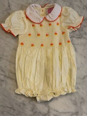 Sweet Yellow Smocked Bubble Romper with Orange Trim - Candy Corn